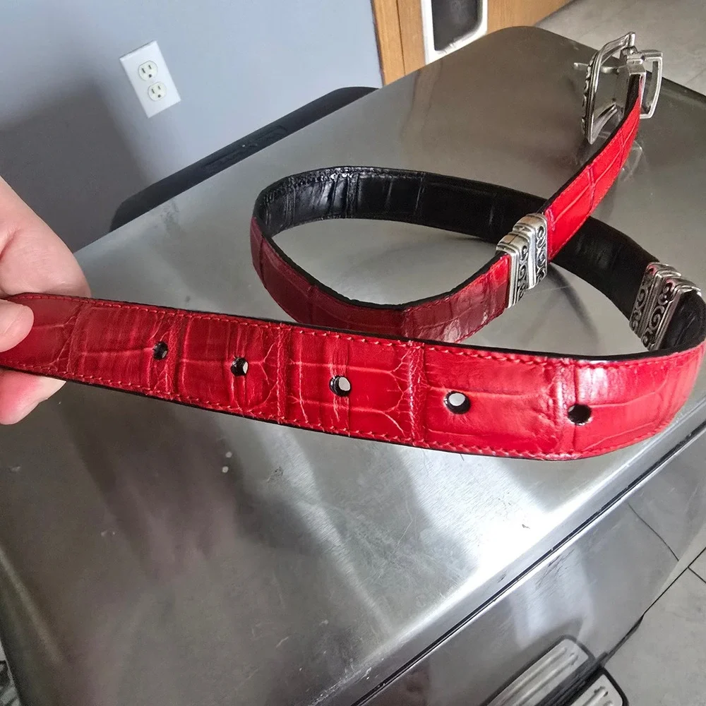 Brighton Reversible Belt Red Black Crocodile Emboss Silver Filigree Buckle 28